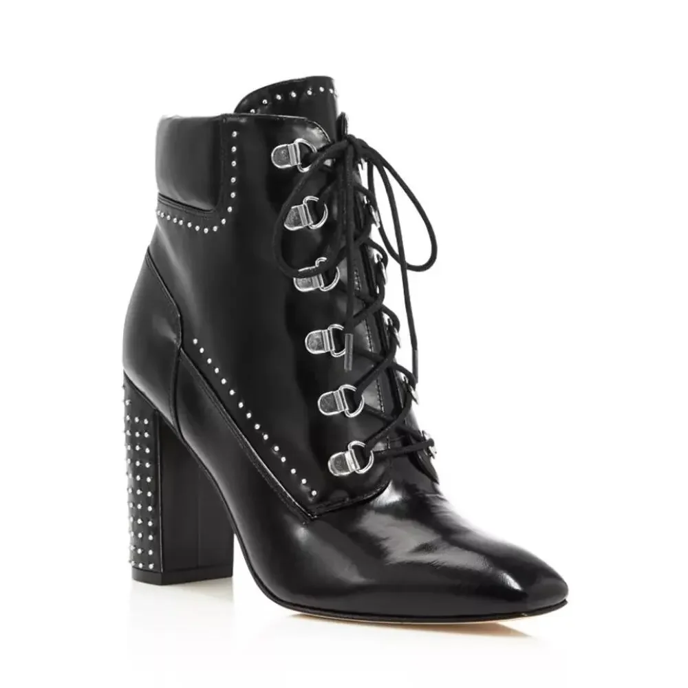 Sigerson Morrison Valora Studded Lace Up Block Heel Booties Womens Size 8B Black